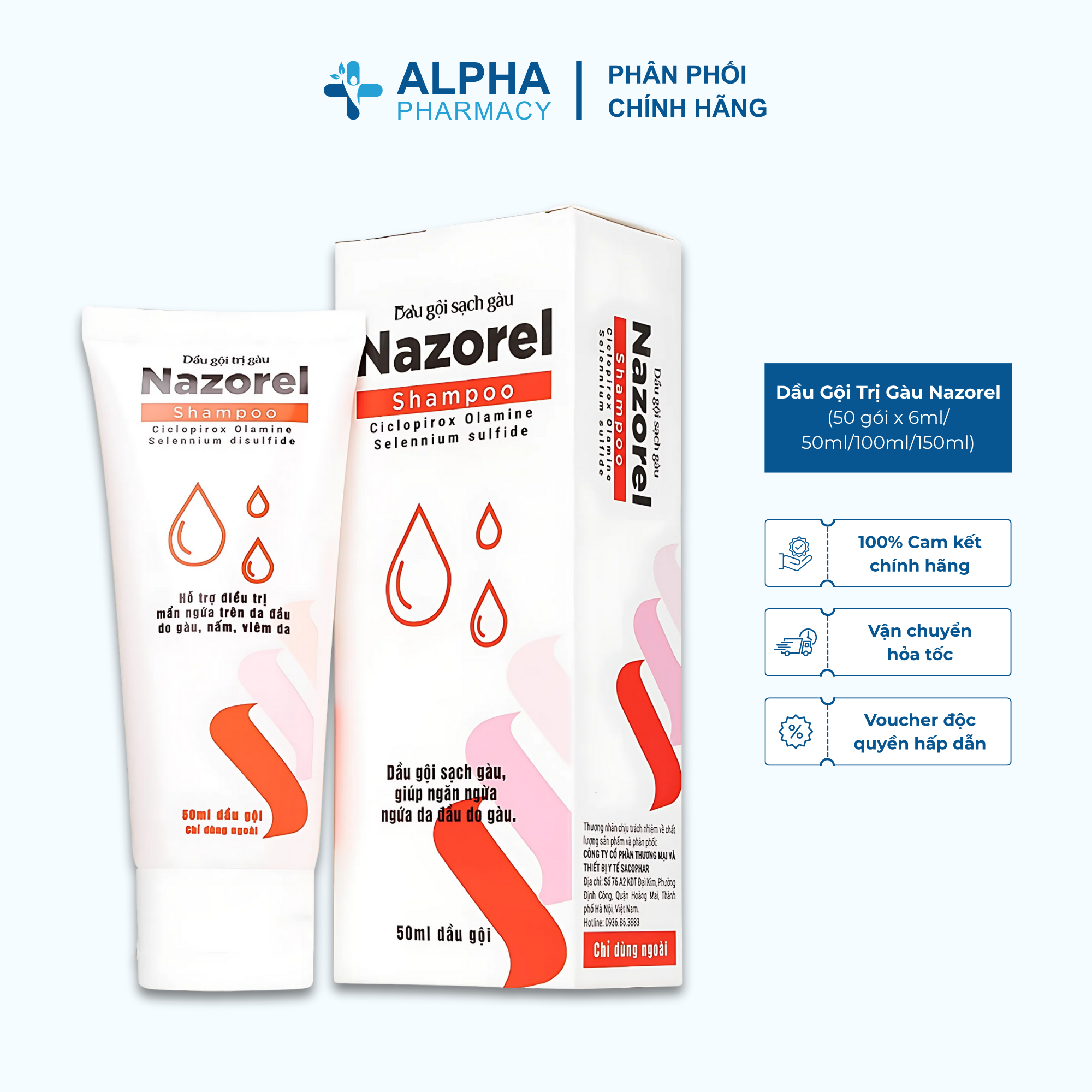  Dầu Gội Trị Gàu Nazorel Shampoo – 50 gói x 6ml 50ml 100ml 150ml 
