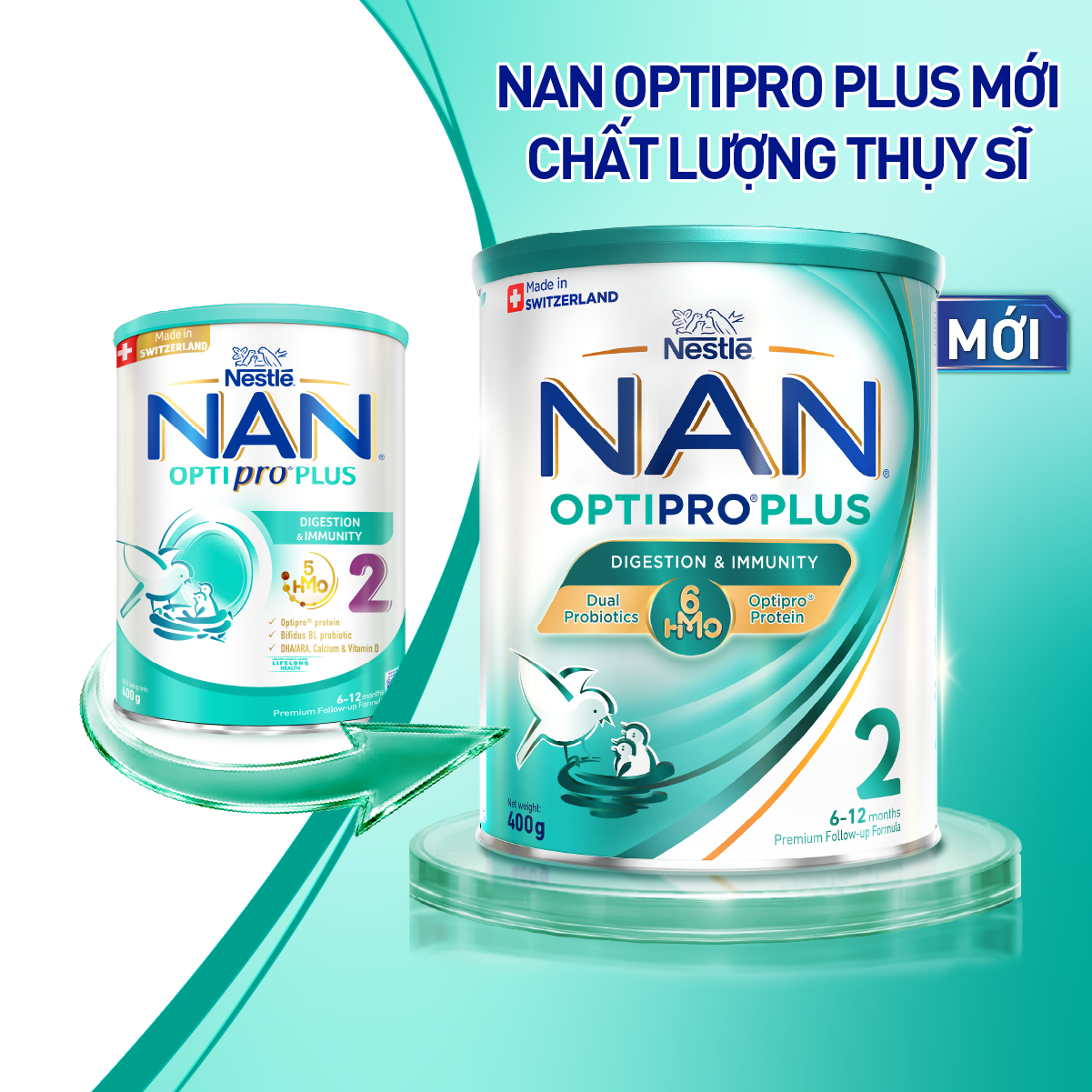 Sữa bột Nestle NAN OPTIPRO PLUS số 2 400g Nhập Khẩu Thụy Sĩ Cho Bé 6 - 12 Tháng Có Đạm OPTIPRO, 6HMO  Lợi Khuẩn Kép