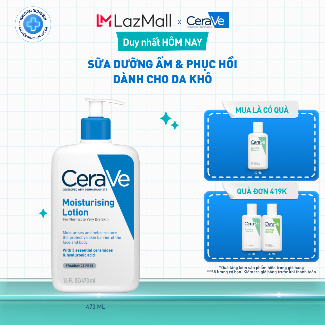Sữa dưỡng ẩm phục hồi chuyên sâu và giữ da ẩm mịn suốt 48H, duy trì hàng rào bảo vệ da CERAVE MOISTURISING LOTION 473ML