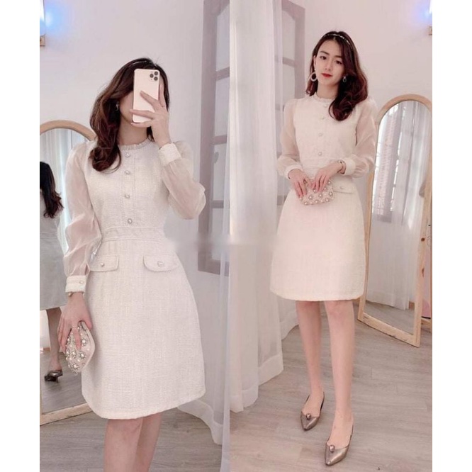 Đầm vải tweed cổ tròn tay dài vải organza phối cúc- bt078