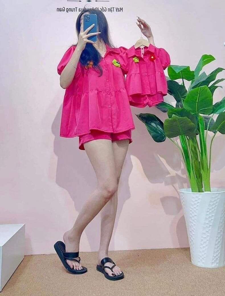 Đồ đôi mẹ bé, set mẹ bé hồng siêu cưng