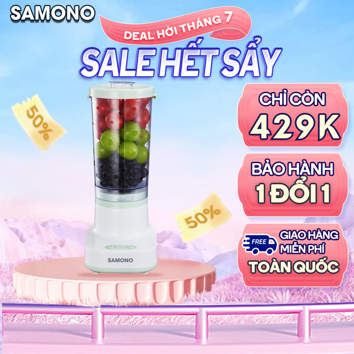 (BH 1 Năm) Máy xay sinh tố mini SAMONO SW-BL180 trắng xanh 1 cốc 600ml 180W 4 lưỡi dao xay đa năng dễ vệ sinh