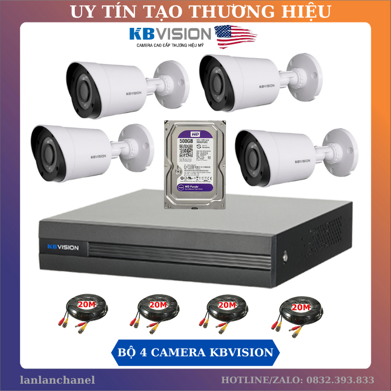 Bộ 4 Mắt Camera KBVision 2.0MP Và Đầu Ghi Hình 4 Kênh KX-7104SD6, Tặng Kèm Ổ Cứng 500GB + Toàn Bộ Phụ Kiện