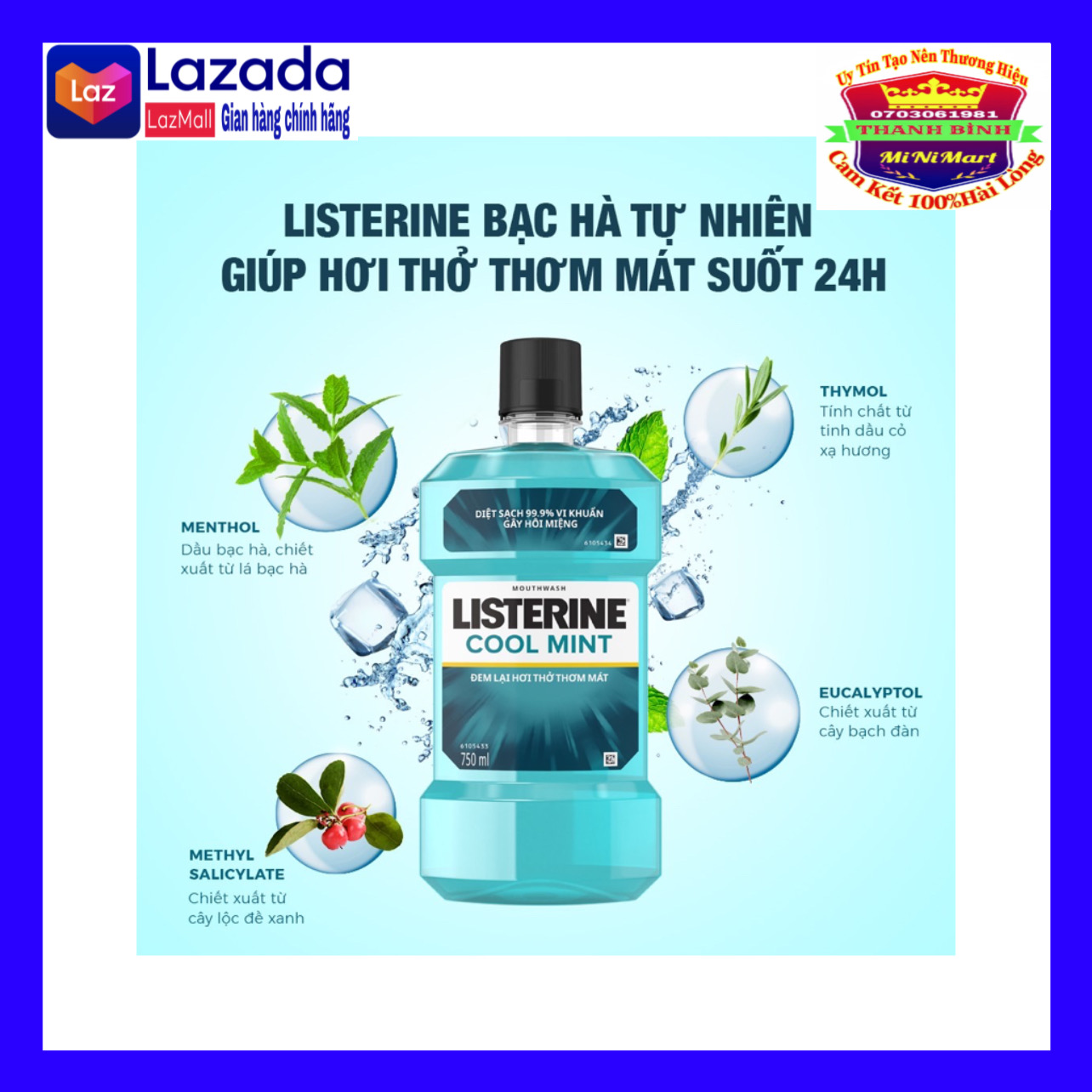 Nước súc miệng hơi thở thơm mát Listerine Cool Mint Loại 250ml, 500ml, 750ml