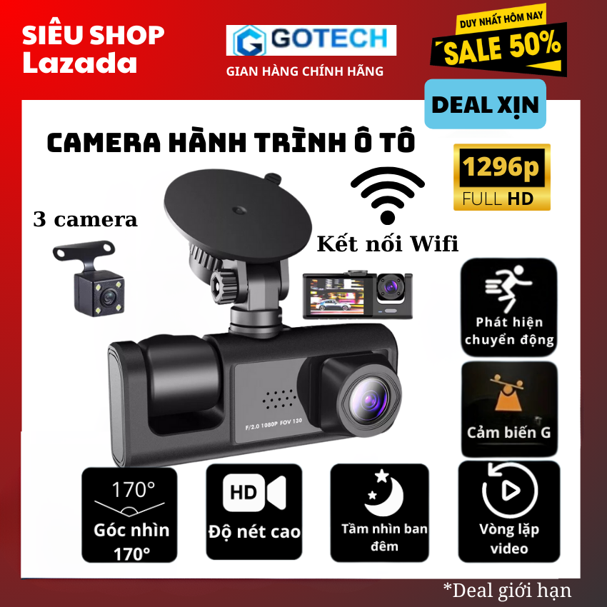 Camera Hành Trình Ô tô 1296P fullHD Wifi, Dask Cam 3 camera Quay Trước và Trong Xe Tích Hợp Camera Lùi - Camera fullHD 4K,cảnh báo va chạm