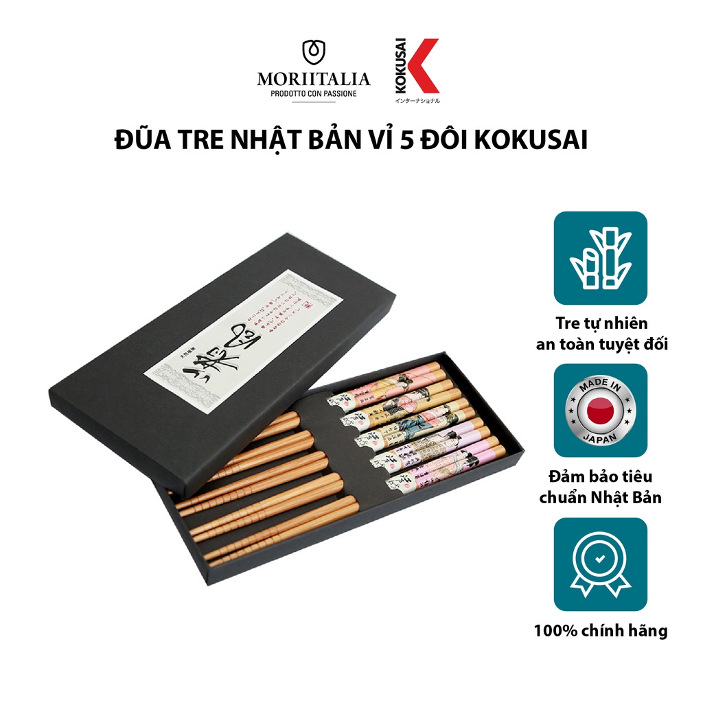 Vỉ 5 đôi đũa tre Kokusai Nhật Bản an toàn, chất liệu tre tự nhiên Moriitalia NDCK-10