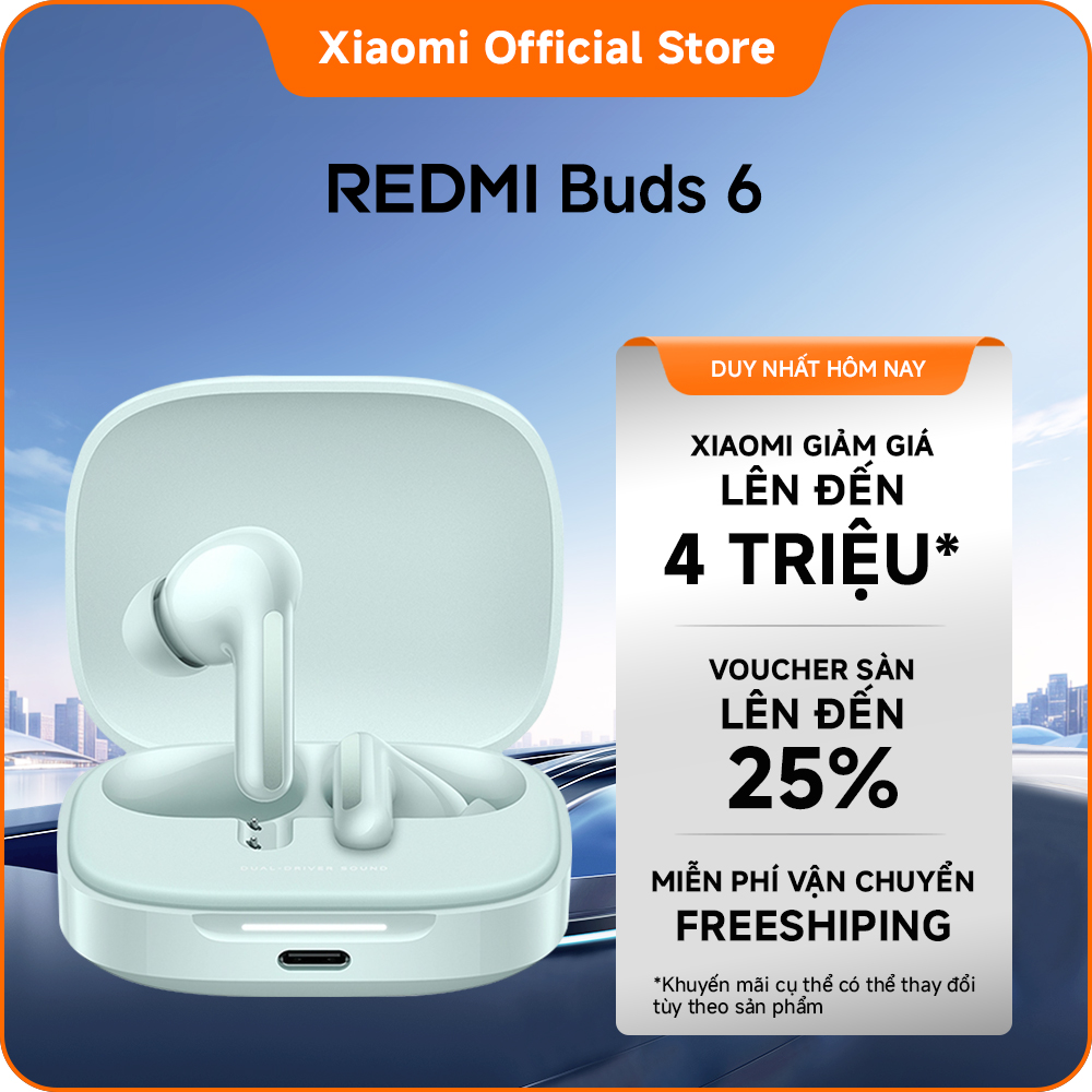 Tai nghe Bluetooth REDMI Buds 6 | Thiết kế âm học với trình điều khiển kép cho âm thanh phong phú | Khử tiếng ồn chủ động lên đến 49dB* | Công nghệ giảm nhiễu qua micrô kép do AI điều chỉnh giúp nghe gọi rõ ràng hơn