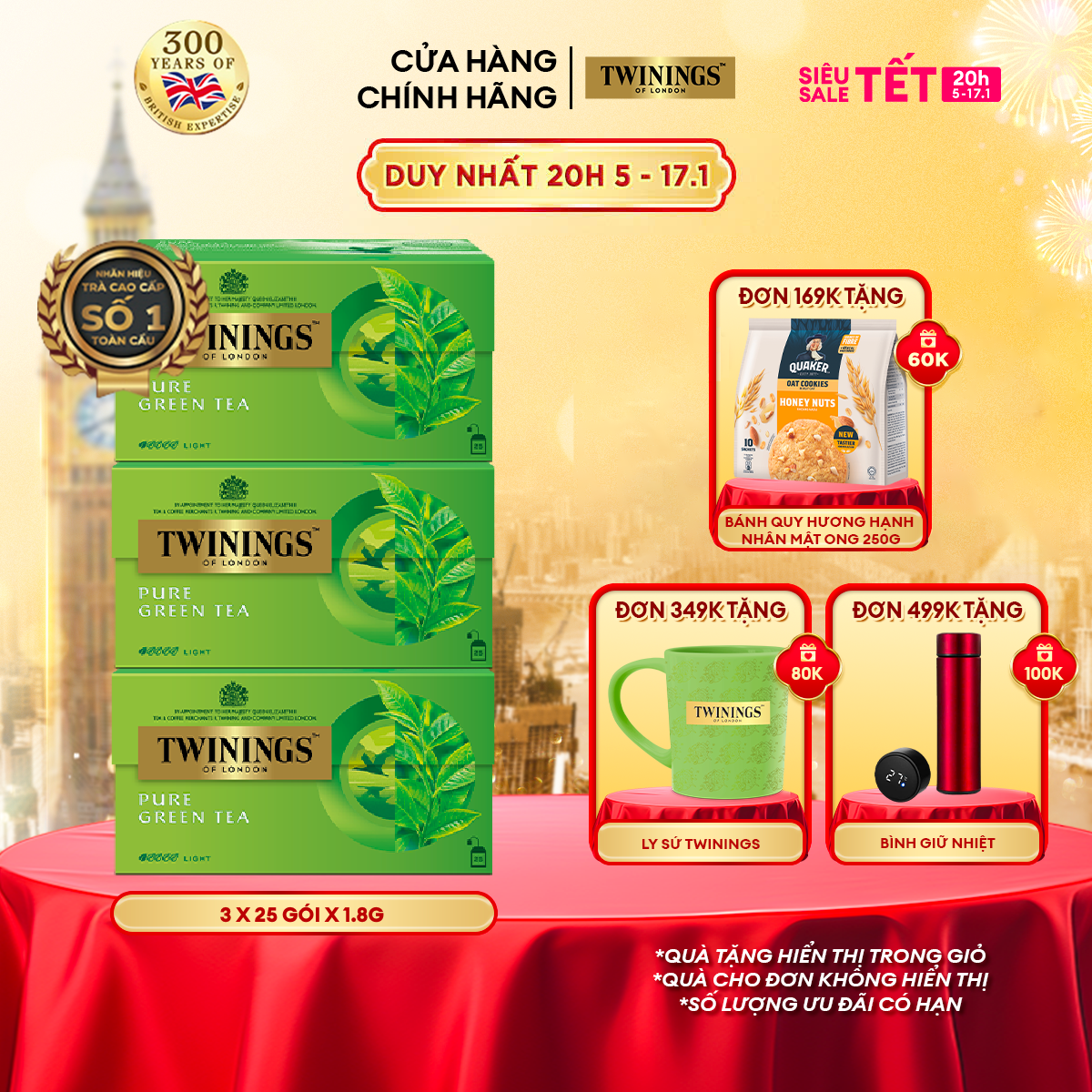 Combo 3 Trà xanh Túi Lọc Twinings - Pure Green Tea - Hộp 25 Gói 1.8G