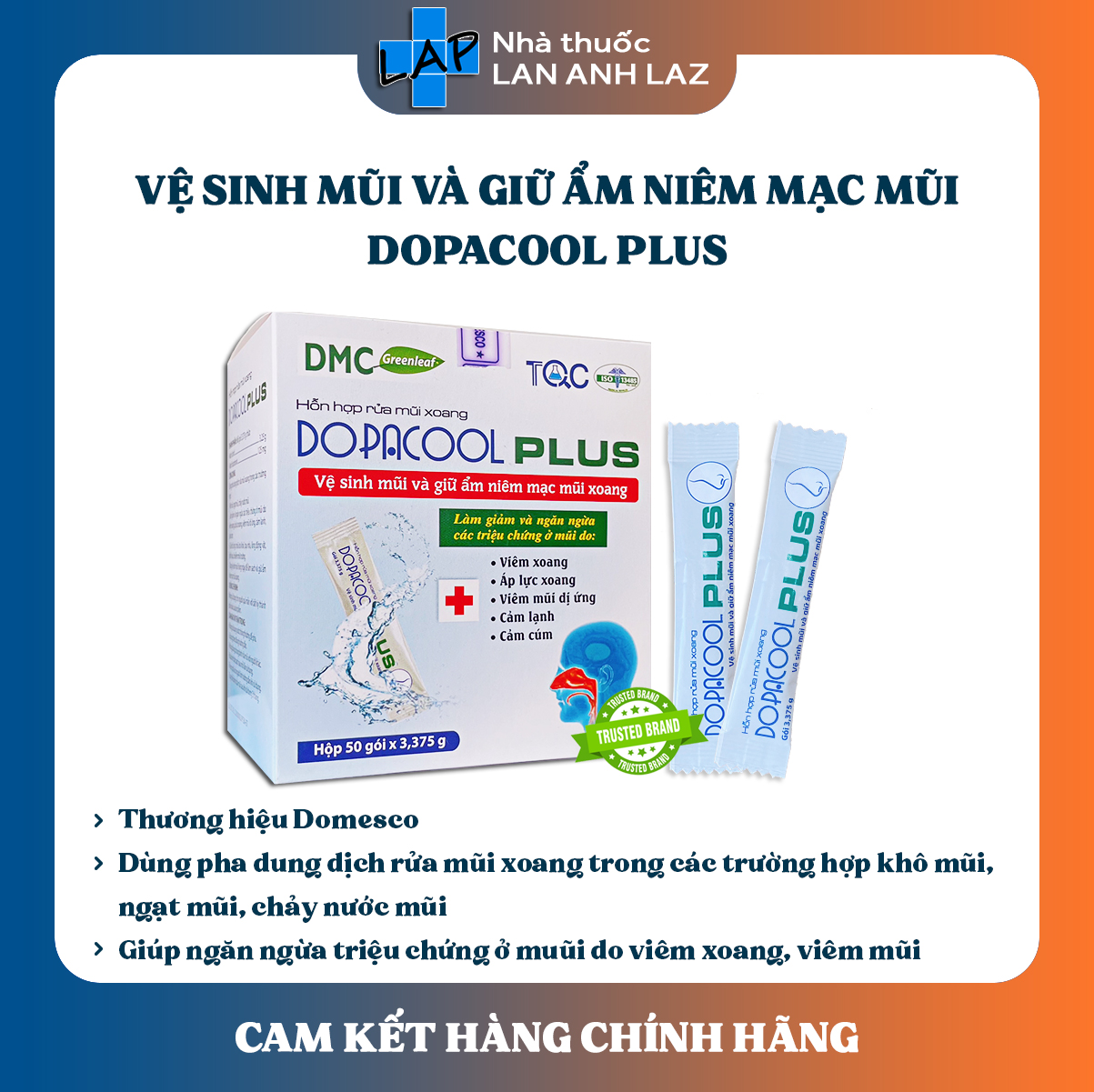 DOPACOOL PLUS - Hỗn hợp rửa mũi xoang, giảm triệu chứng viêm xoang, viêm mũi dị ứng, khô mũi.