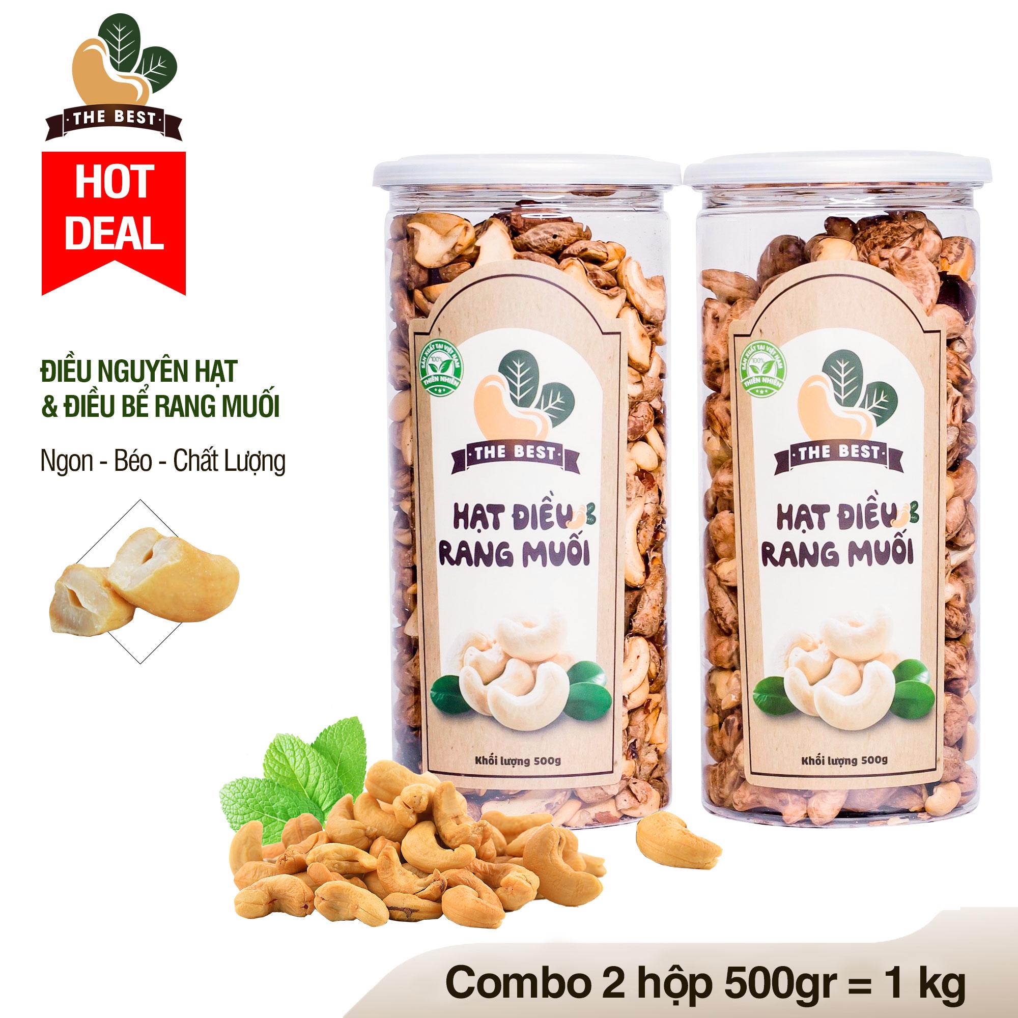Combo 2 hộp hạt điều rang muối : Hộp 500gr vỏ lụa nguyên hạt + Hộp 500gr hạt bể Bình Phước Cao Cấp - Tiêu Chuẩn Xuất Khẩu Thương Hiêu The Best