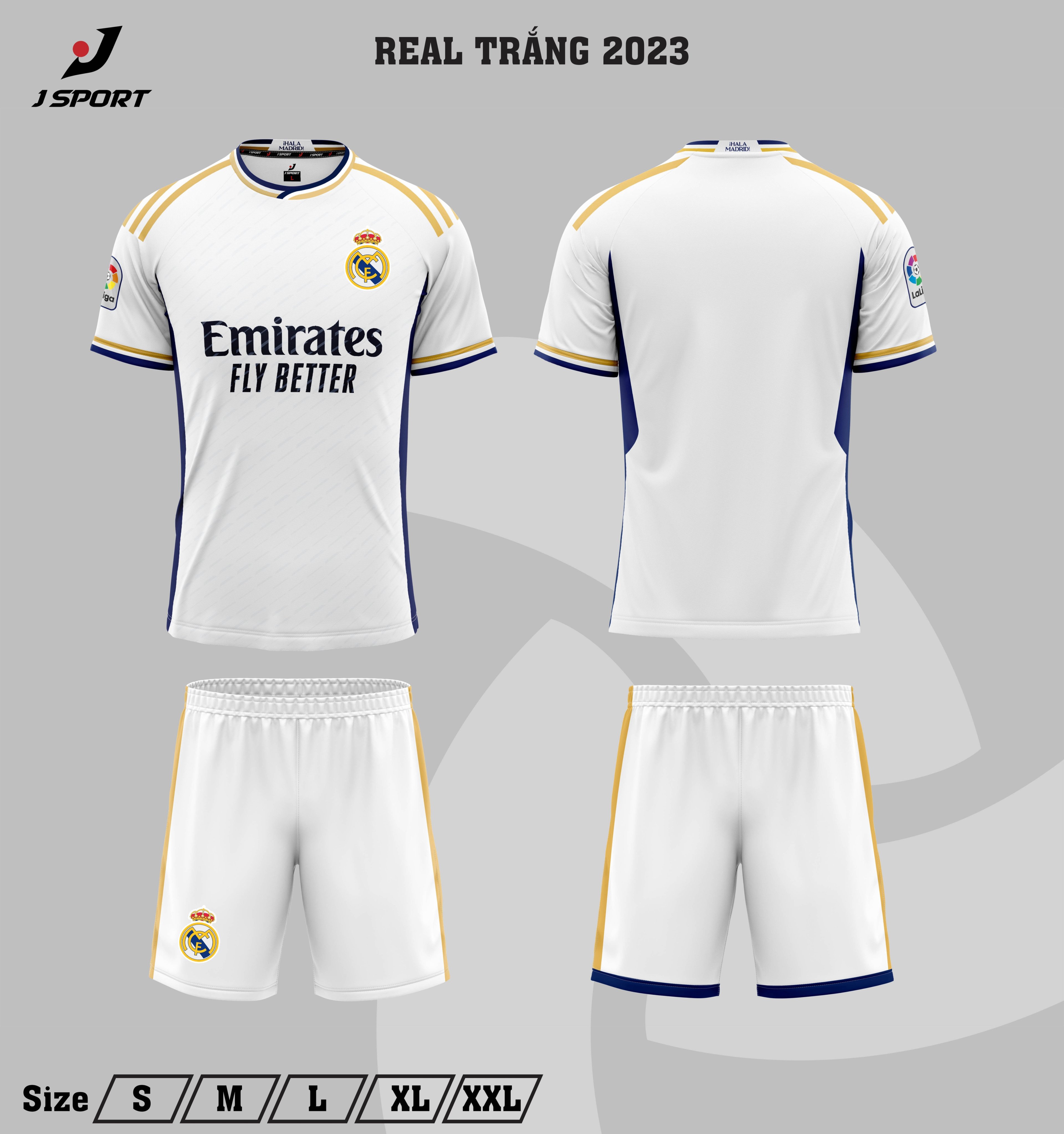 Quần Áo Bóng Đá Real Madrid logo sân nhà màu trắng thêu thun lạnh cao cấp, thoáng mát, không xù lông A9