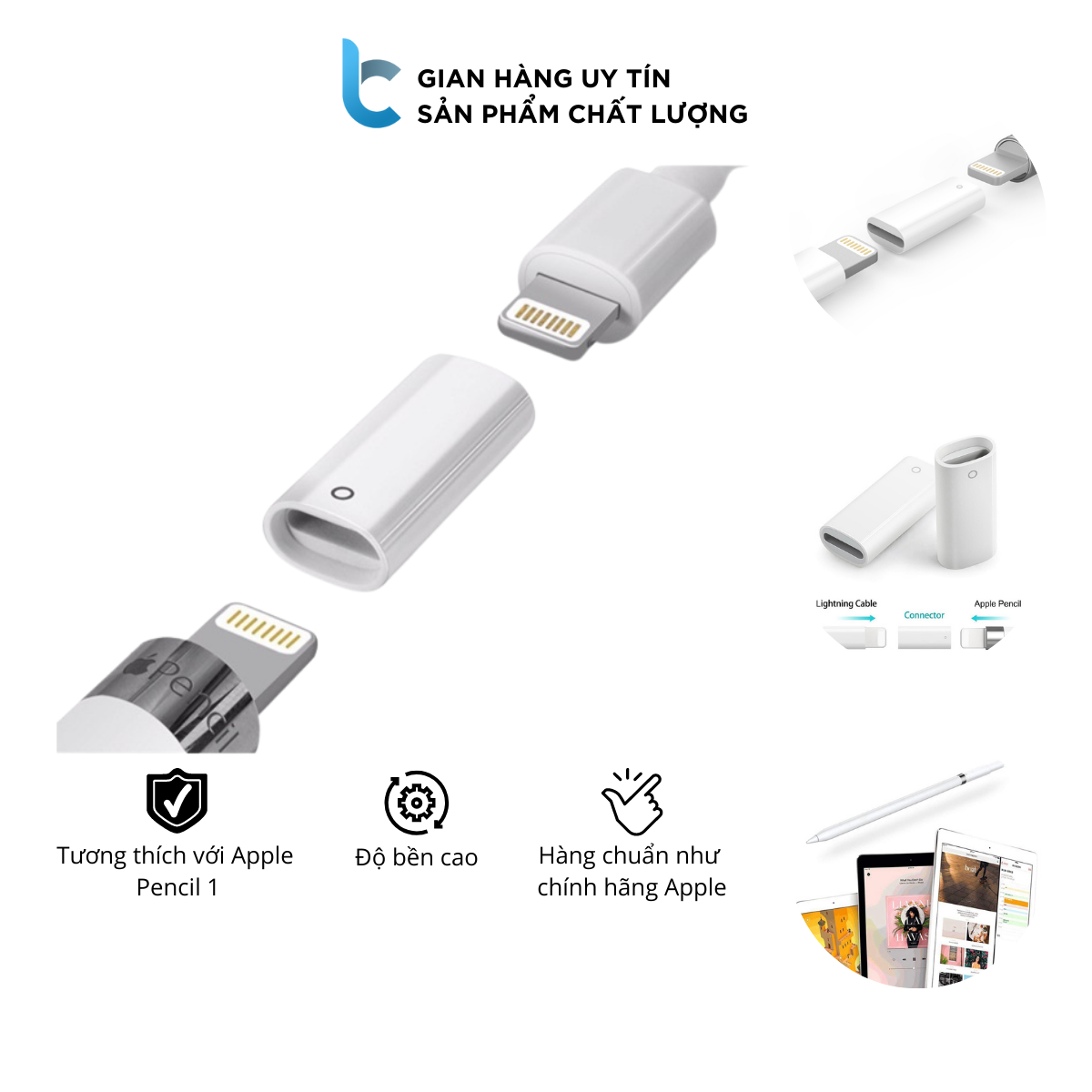 Đầu Sạc Adapter Lightning Dành Cho Apple Pencil 1 Có Thể Sạc Được Cho Apple Pencil Với Mọi Cáp Sạc Lightning