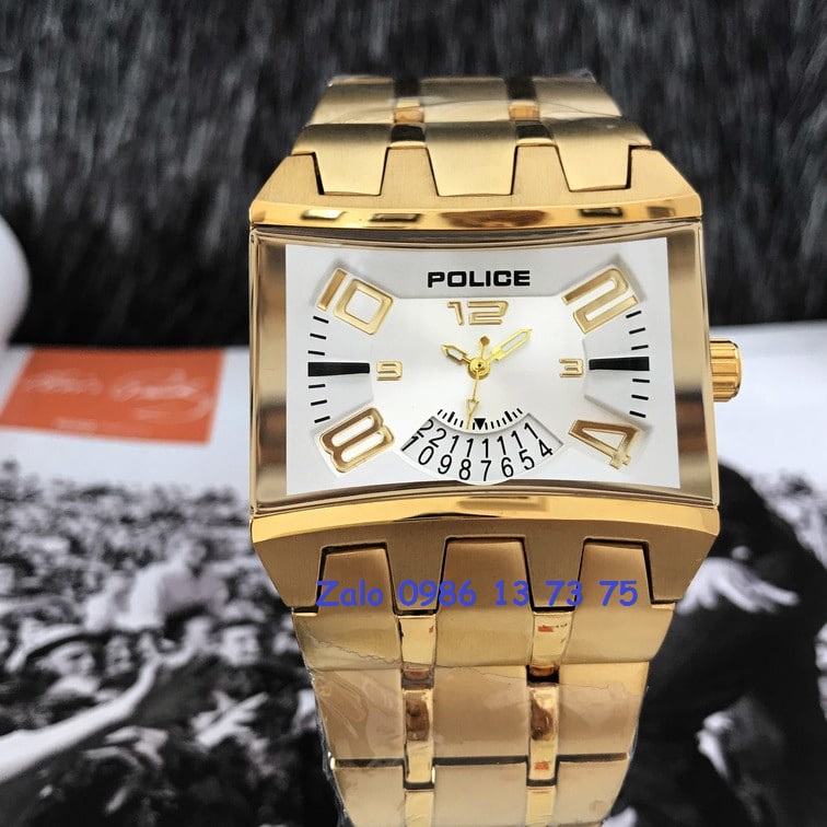 [HCM]Đồng Hồ Police Nam Dây Vàng Mặt Trắng 42x34mm
