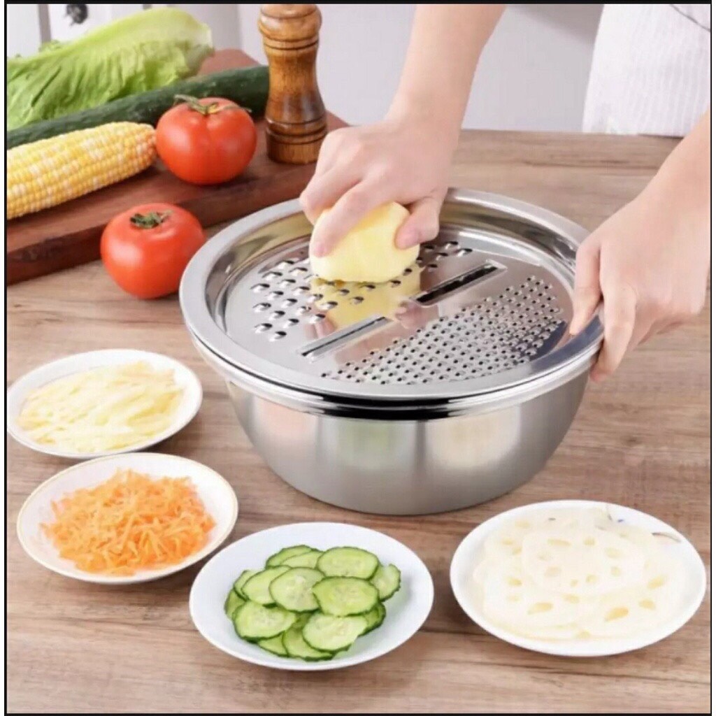 Bộ rổ nạo inox kèm chậu đa năng, Bộ thau rổ nạo củ quả 3 món