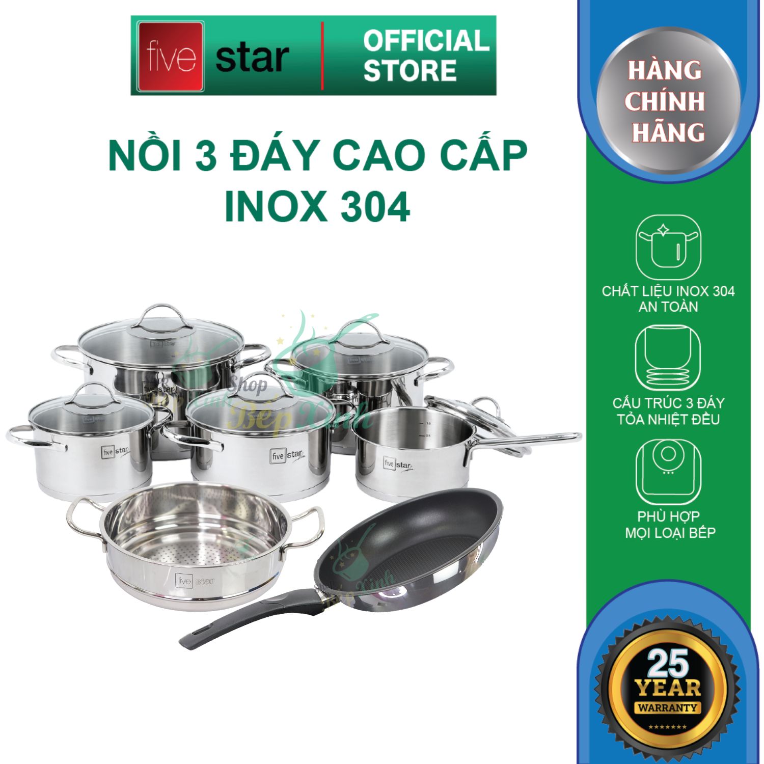 Bộ nồi và chảo chống dính đáy từ cao cấp Fivestar 7 món nắp kính , dùng được mọi bếp