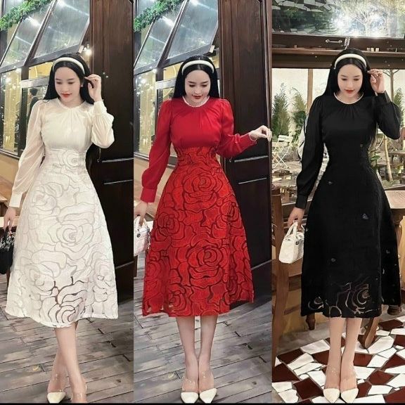 Đầm dự tiệc dáng dài , cổ tròn phong cách tiểu thư sang chảnh Thời Trang Nữ Tiểu Thư Sang Chảnh Thanh Lịch