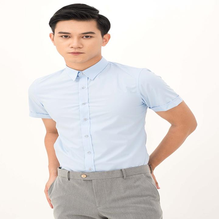 Áo sơ mi nam trơn màu xanh dương nhạt - sơ mi cộc tay nam