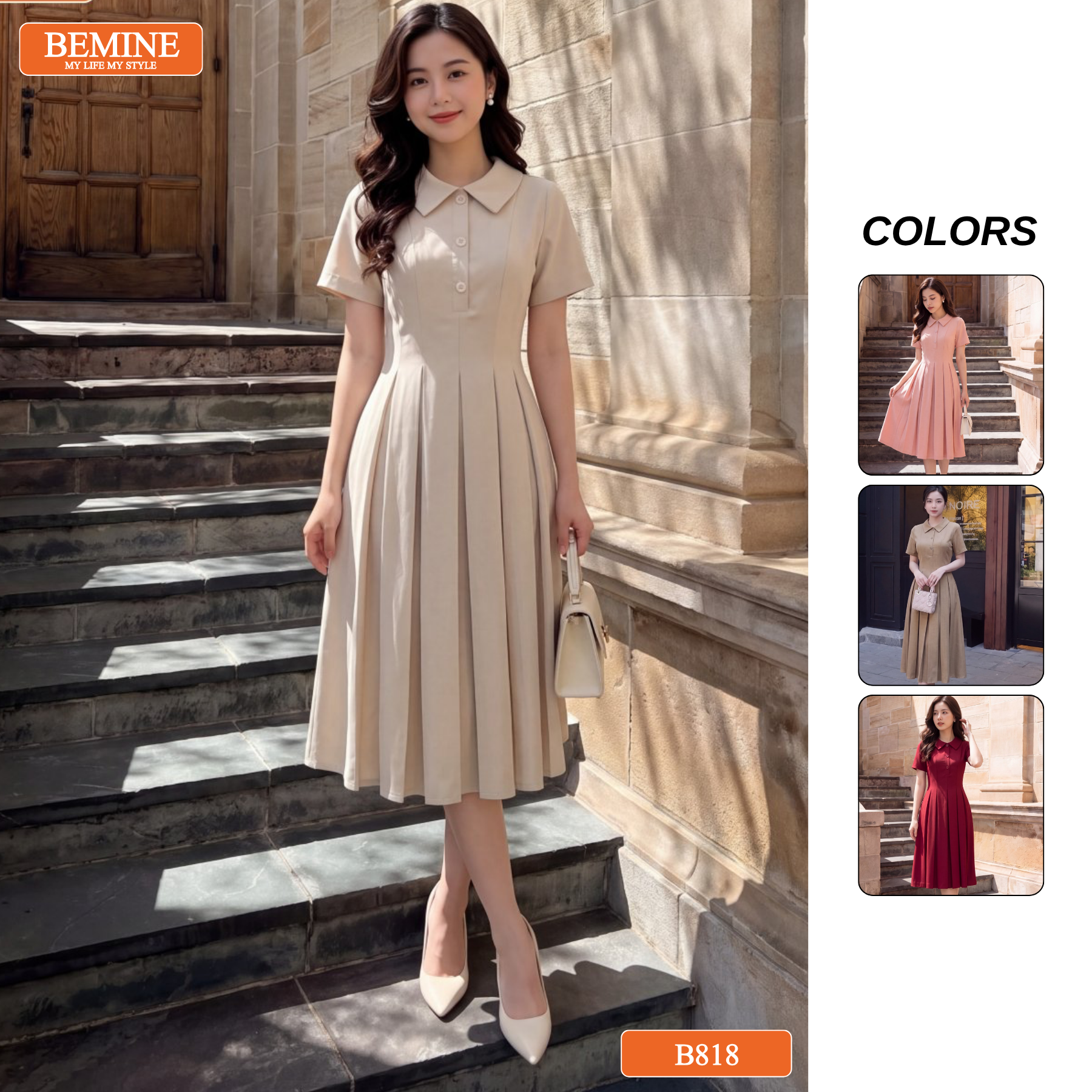 [DUY NHẤT 25-29.09-VOUCHER 40K]Đầm thiết kế BEMINE cổ đức đính cúc dáng dài có xếp ly phù hợp đi làm-B818