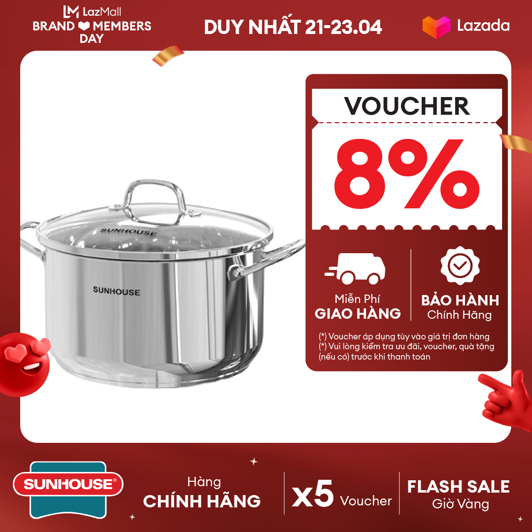Nồi Inox 3 đáy SUNHOUSE SHG301-16 -20 -24 -28cm- vung kính cường lực viền inox siêu bền -Tay cầm và núm vung inox chắc chắn- Phù hợp với mọi loại bếp - Hàng chính hãng