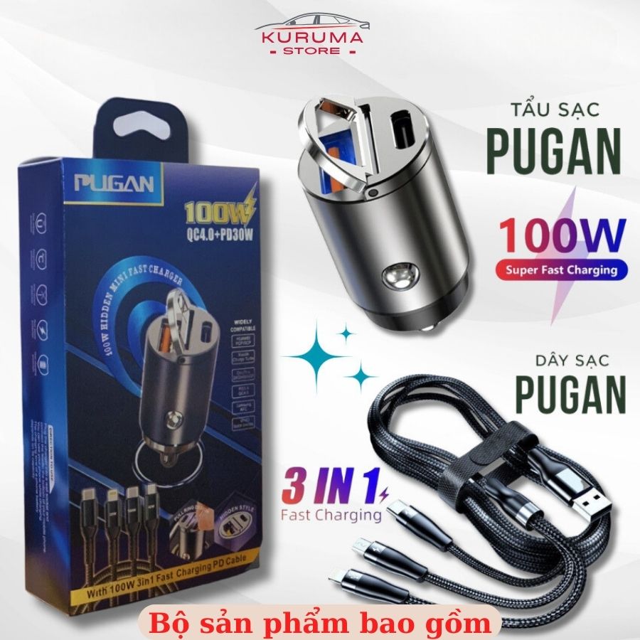 Tẩu sạc nhanh ô tô PUGAN hỗ trợ 2 cổng USB và TYPEC công suất tối đa 100W tương tích với nhiều thiết bị trên xe ôtô