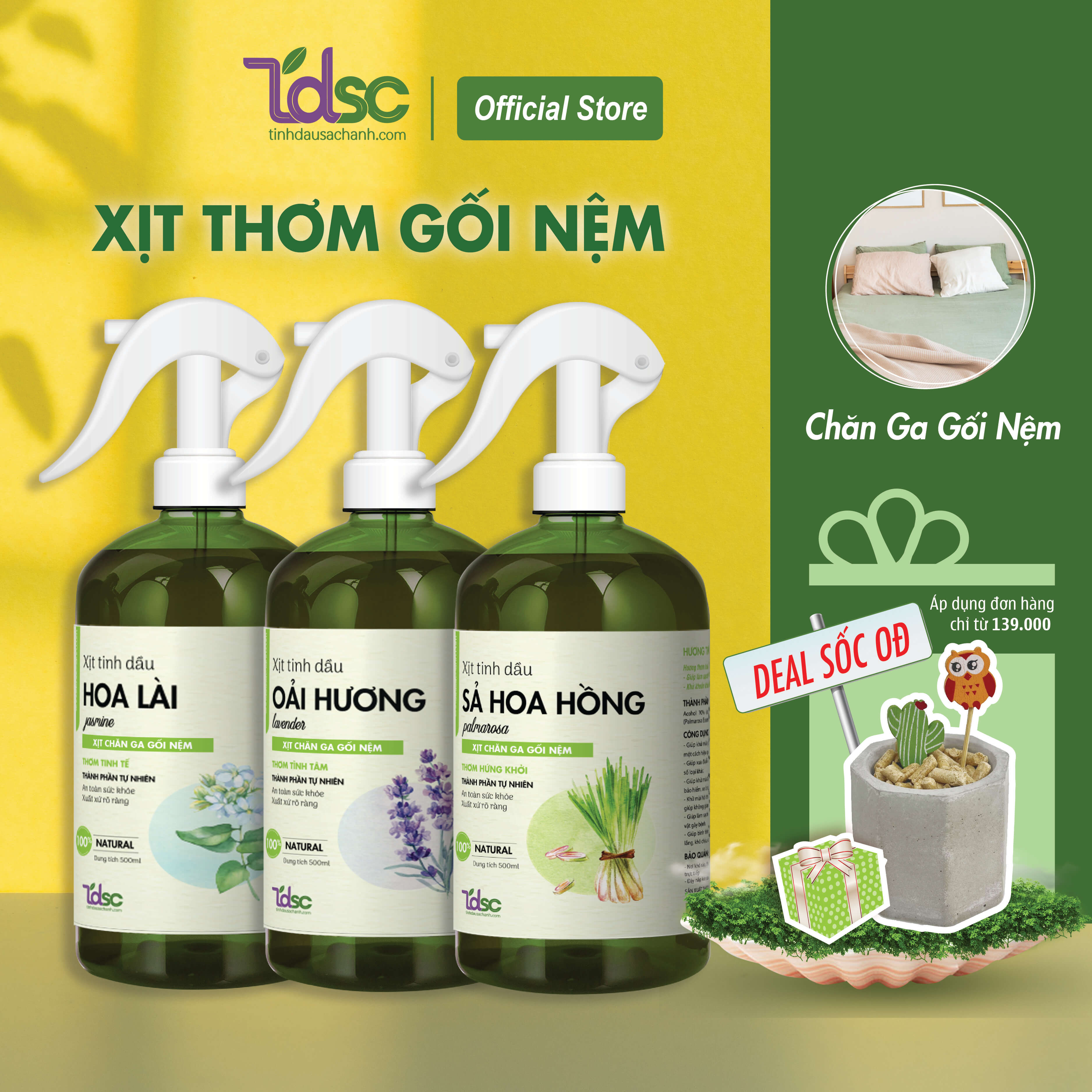 Chai Xịt Thơm Chăn Ga Gối Nệm Khử Mùi Khử Khuẩn Ẩm Mốc TINHDAUSACHANH 100ml/500ml Tinh Dầu Bạc Hà,Vỏ