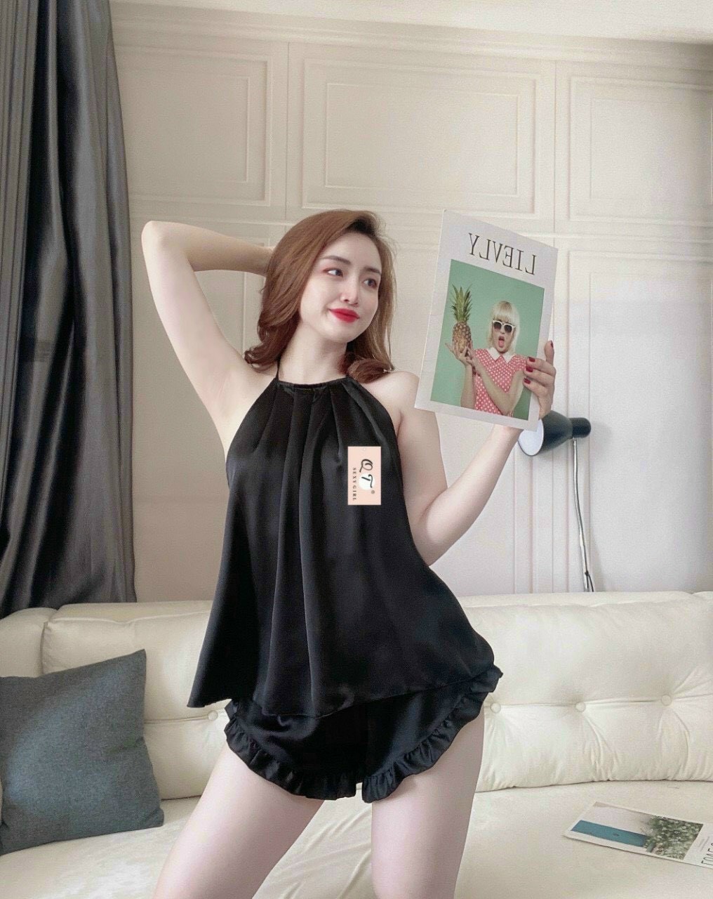 Bộ ngủ lụa satin cao cấp cổ yếm siêu xinh ĐT