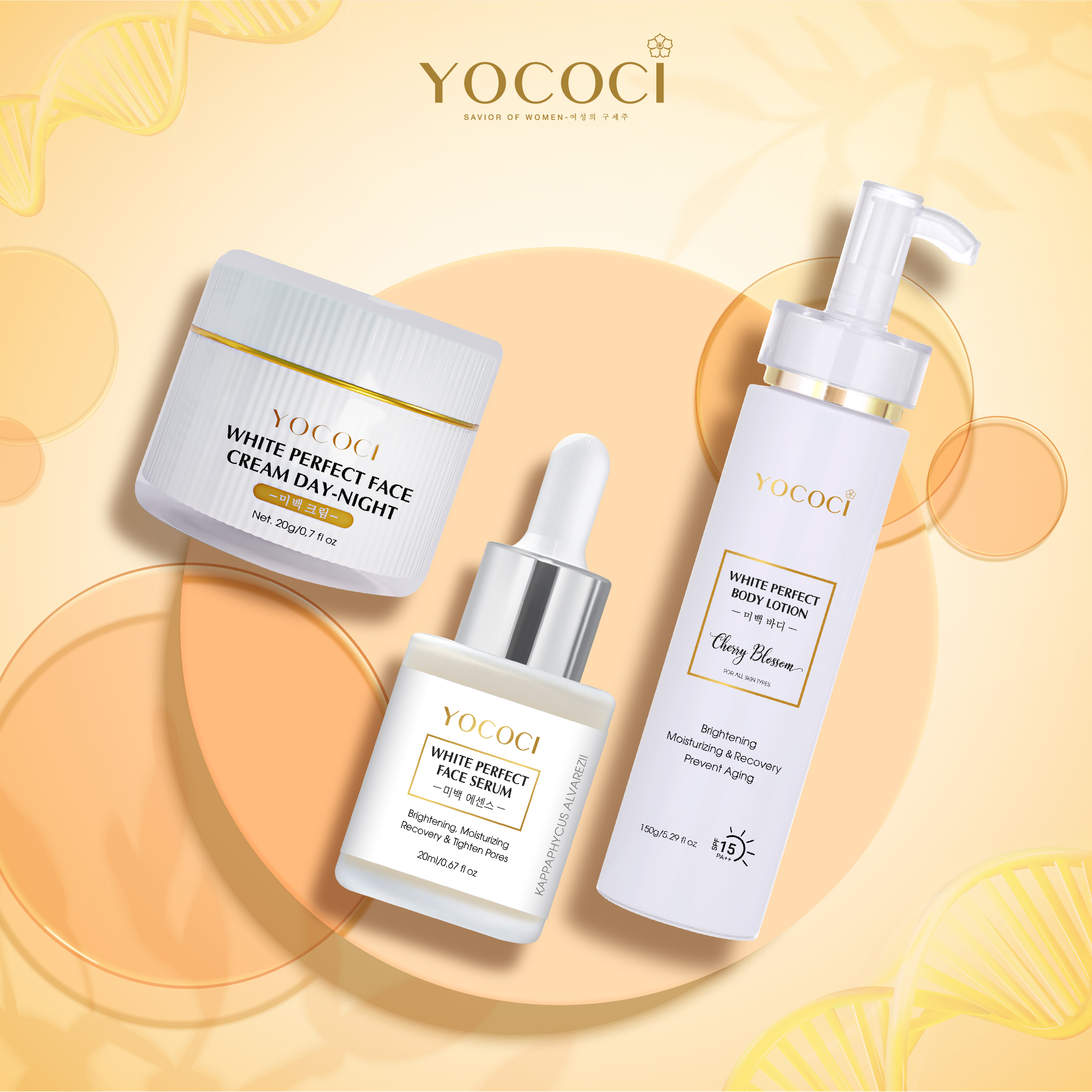 Bộ 3 Sản Phẩm Dưỡng Trắng Da YOCOCI Gồm 1 Kem Body 150g, 1 Kem Face 20g & 1 Serum 20ml