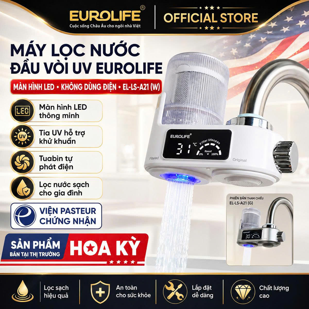 (Sản phẩm bán tại Mỹ) Máy lọc nước đầu vòi màn hình LED, tia UV khử khuẩn Eurolife EL-LS-A21