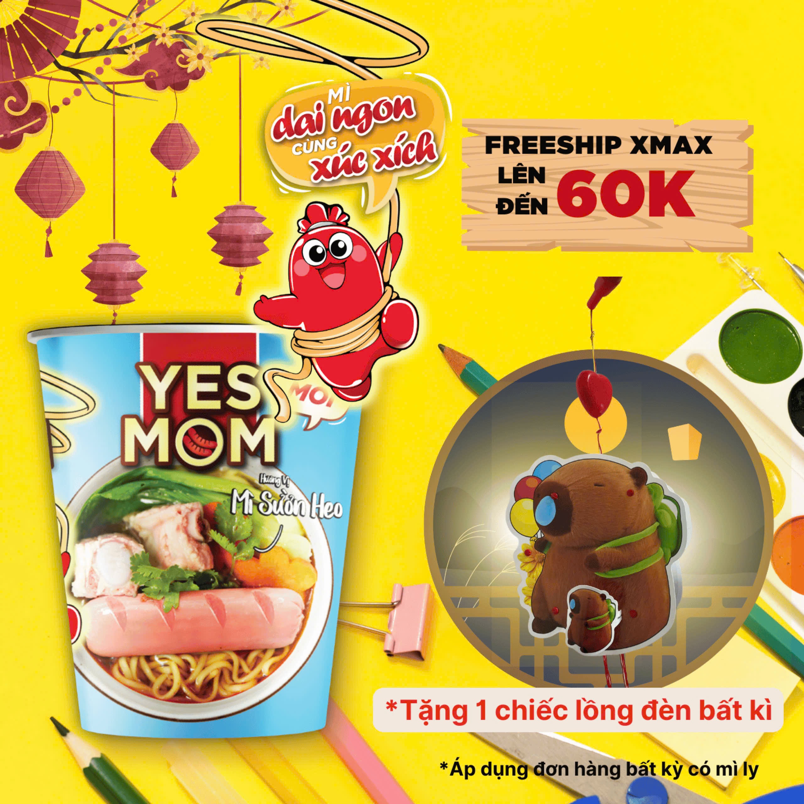 Thùng 24 ly Mì Sườn Heo Yes Mom Có Xúc Xích 76g/ly