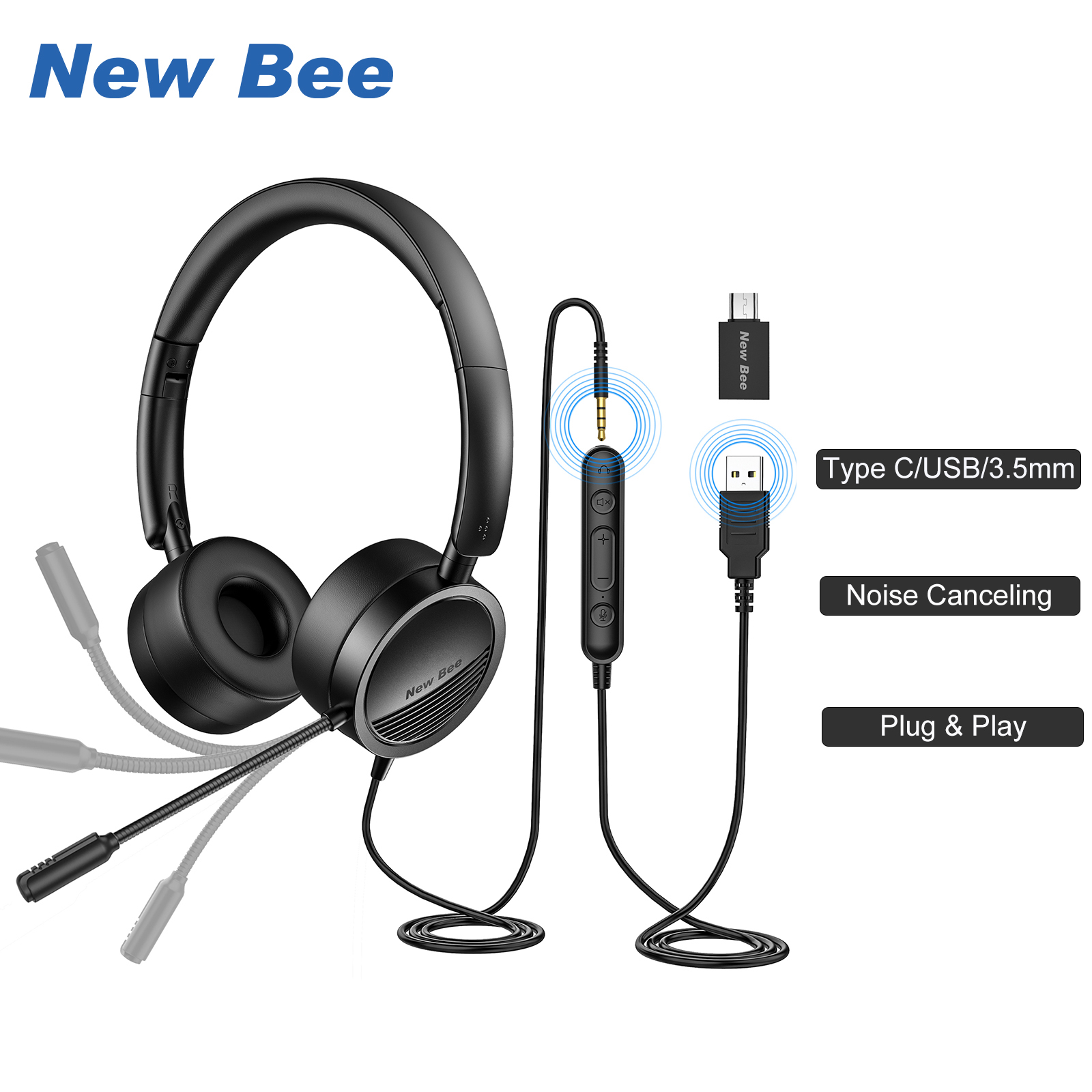 New Bee Tai nghe USB có micrô có giắc cắm 3,5 mm Loại bỏ tiếng ồn Micrô Thoải mái Trọng lượng nhẹ Phong cách doanh nhân cho PC / Laptop Điện thoại di động Android USB Headsets