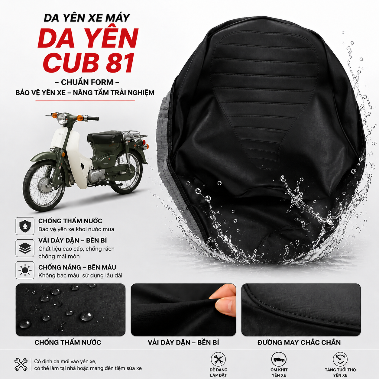 Da bọc yên xe máy CUB 81, CUB 86, CUB 87, CUB 92, CUB CITI - Vải Dày - Chống Nắng Mưa - Bền Bỉ - Bảo Vệ Yên Xe