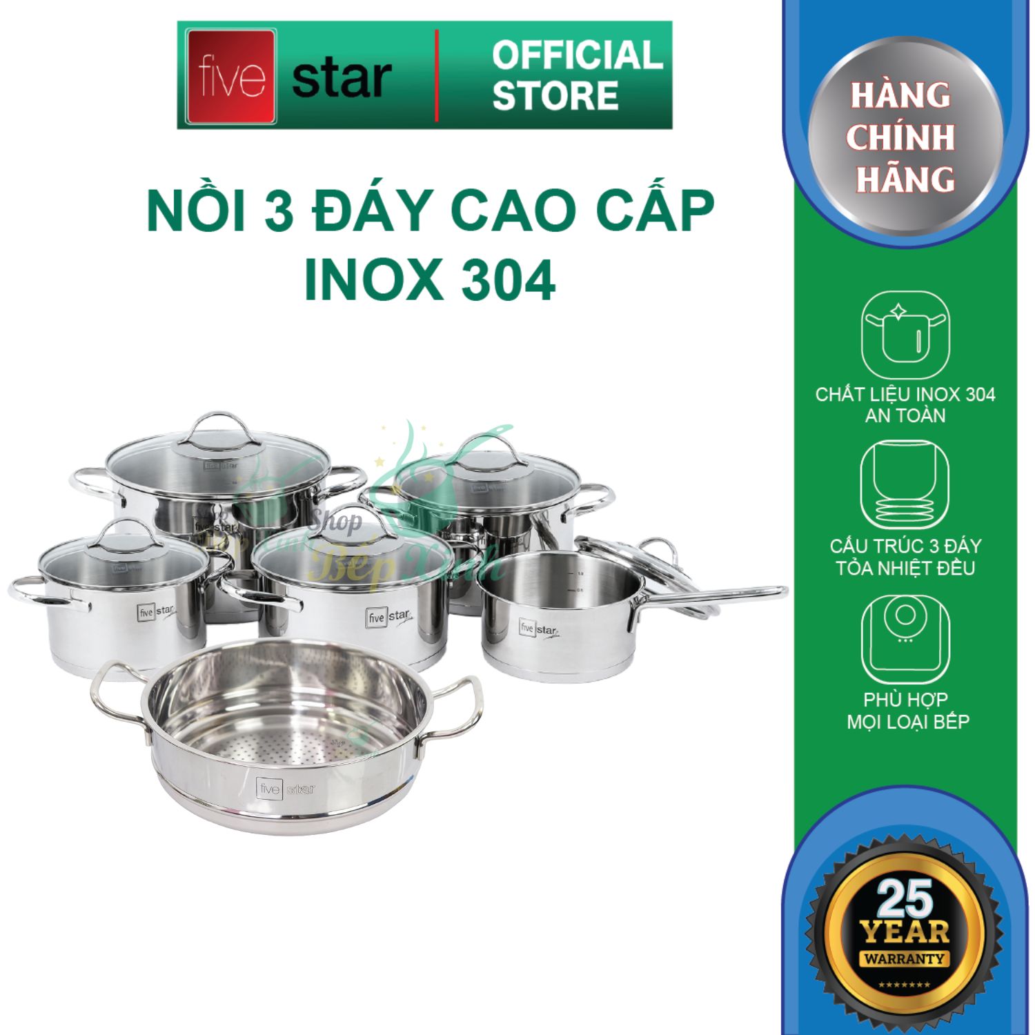 Bộ nồi inox 304 cao cấp Fivestar Plus 6 món nắp kính , 3 đáy dùng được mọi bếp