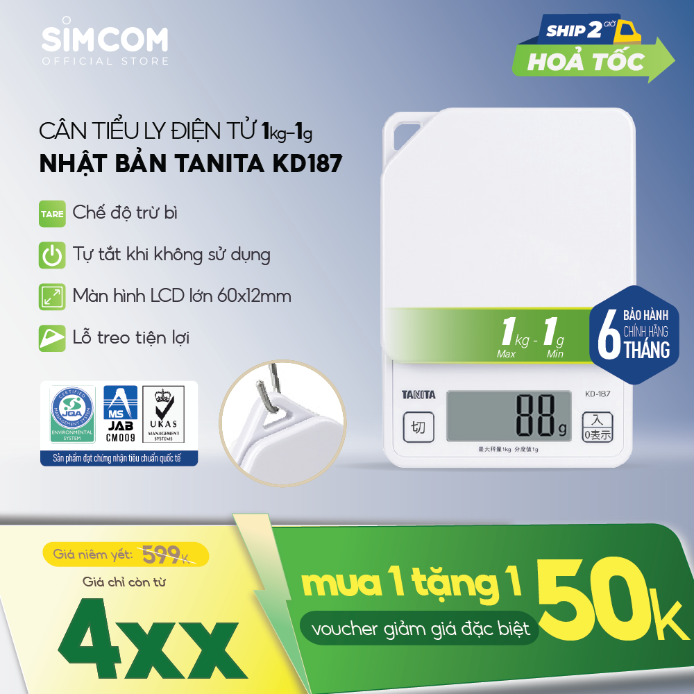 Cân tiểu ly điện tử nhà bếp mini TANITA KD187 1kg, 1g chính hãng nhật bản, màu trắng, hỗ trợ làm bánh, giảm cân, bảo hành 6 tháng, Simcom
