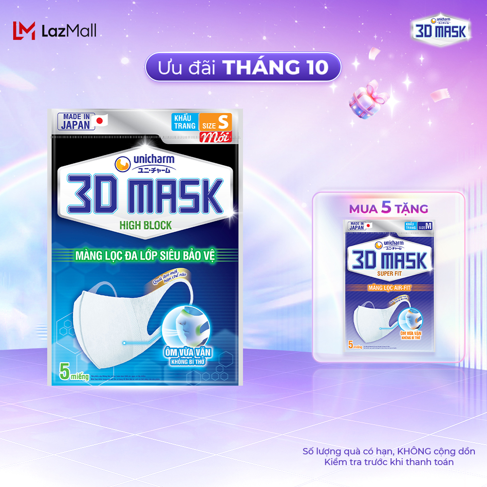 Khẩu Trang Siêu Bảo Vệ Unicharm 3D Mask High Block size S Ngăn được bụi
