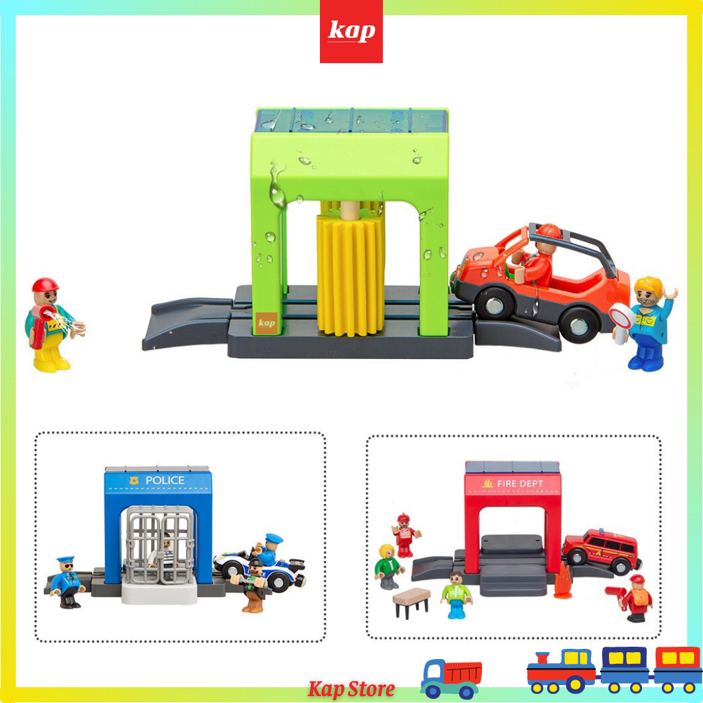 [HCM]Bộ đồ chơi đồn cảnh sát và trại giam nhà rữa xe nhà cứu hỏa phụ kiện chơi cùng đường ray gỗ