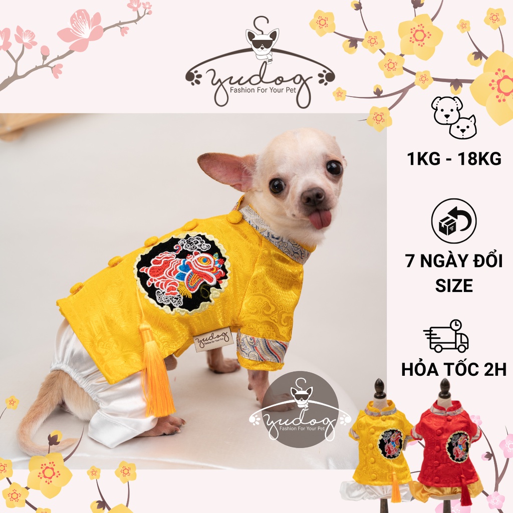 Áo dài mặc tết cho chó mèo yudog áo dài gấm thêu lân áo tết cho thú cưng chó mèo