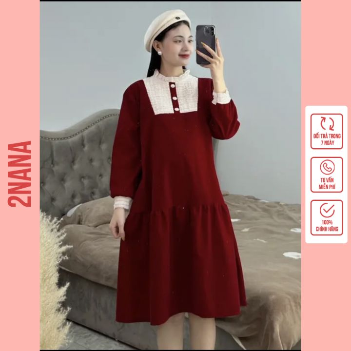 Váy bầu nhung cao cấp thiết kế tiểu thư dáng suông đuôi cá - đầm bầu babydoll thu đông dài tay