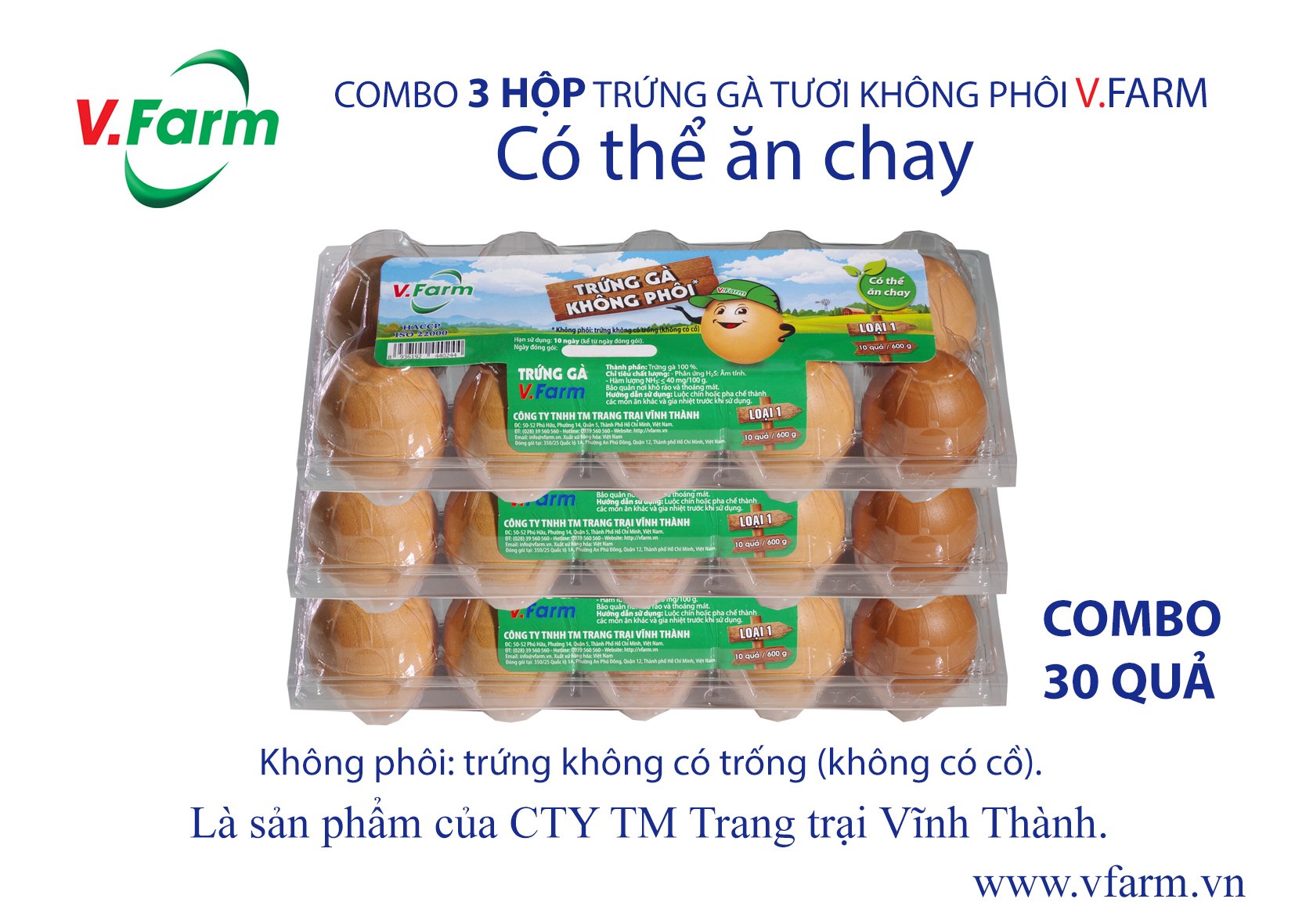 Combo 3 vỉ trứng gà không phôi v.farm hộp 10 quả
