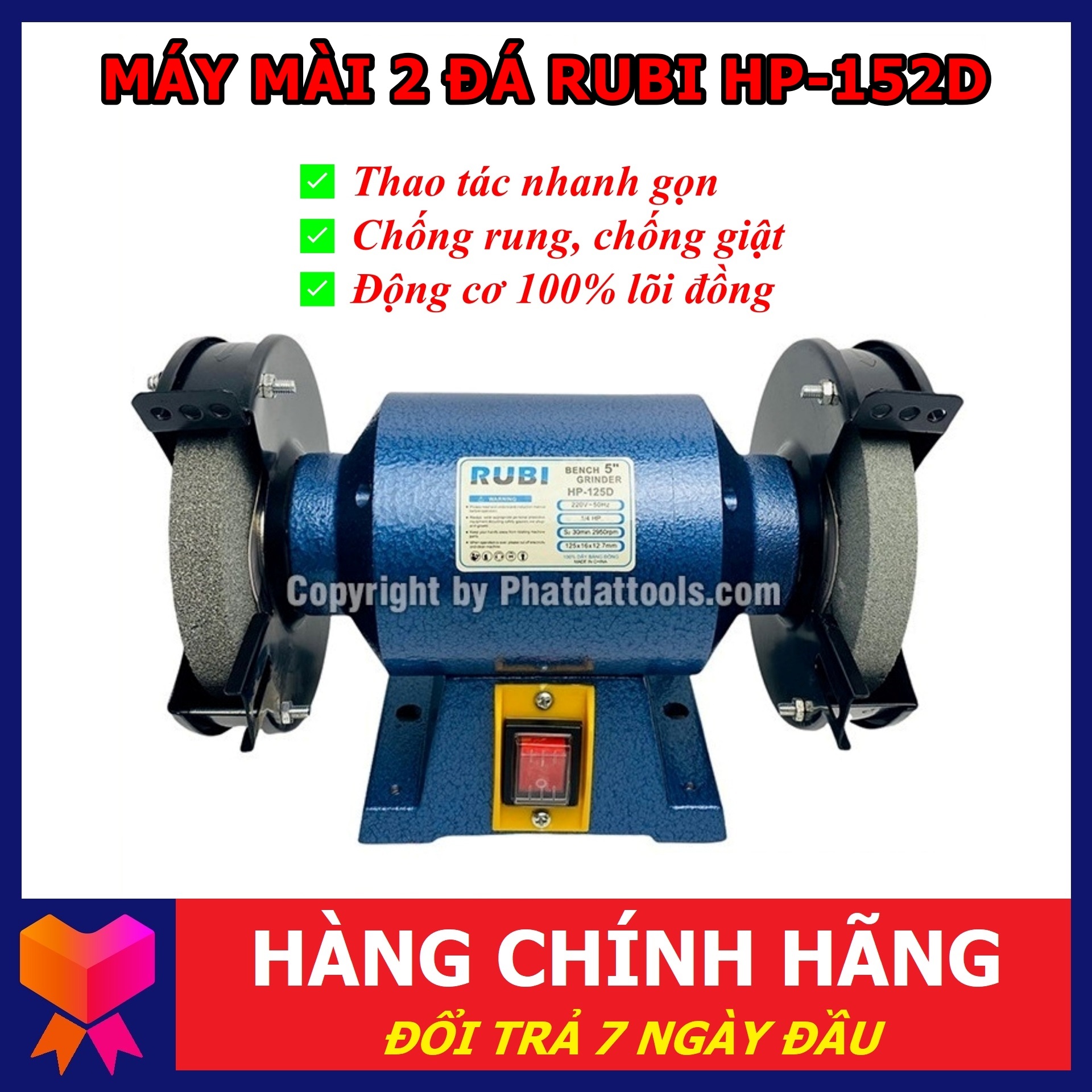 Máy Mài 2 Đá RUBI HP-125D - Công Suất 1/4 HP - Công Nghệ Chống Rung, Chống Giật - Bảo hành 6 tháng