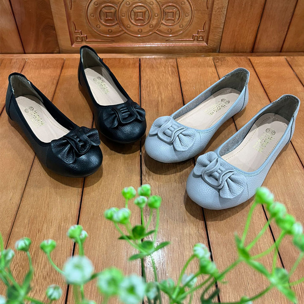 Giày búp bê da bò mềm thời trang cao cấp Trường Hải màu xám GBB04X