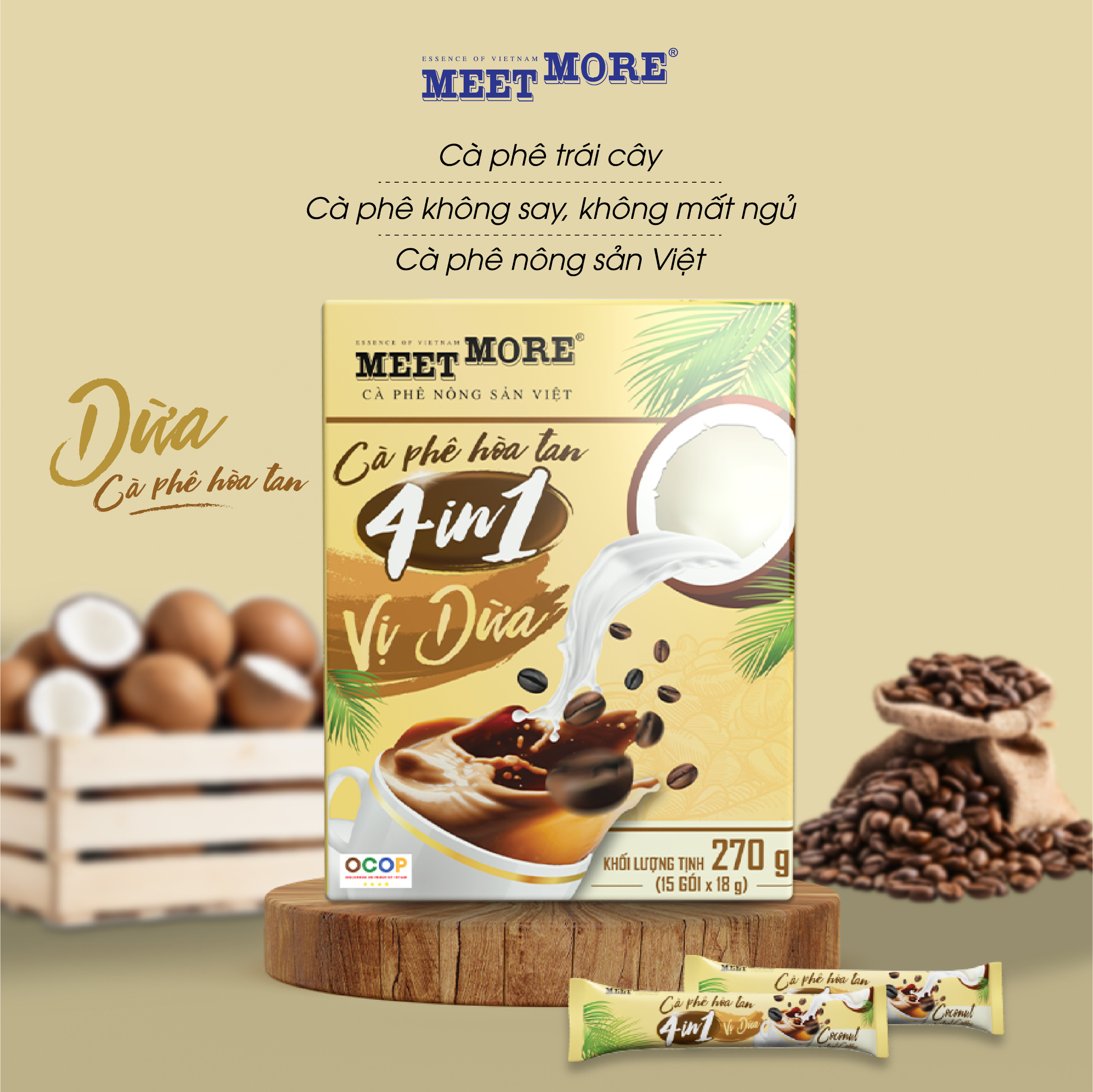 Hộp Cà Phê Hòa Tan vị Dừa Meet More (Hộp 15 gói* 18 gram)
