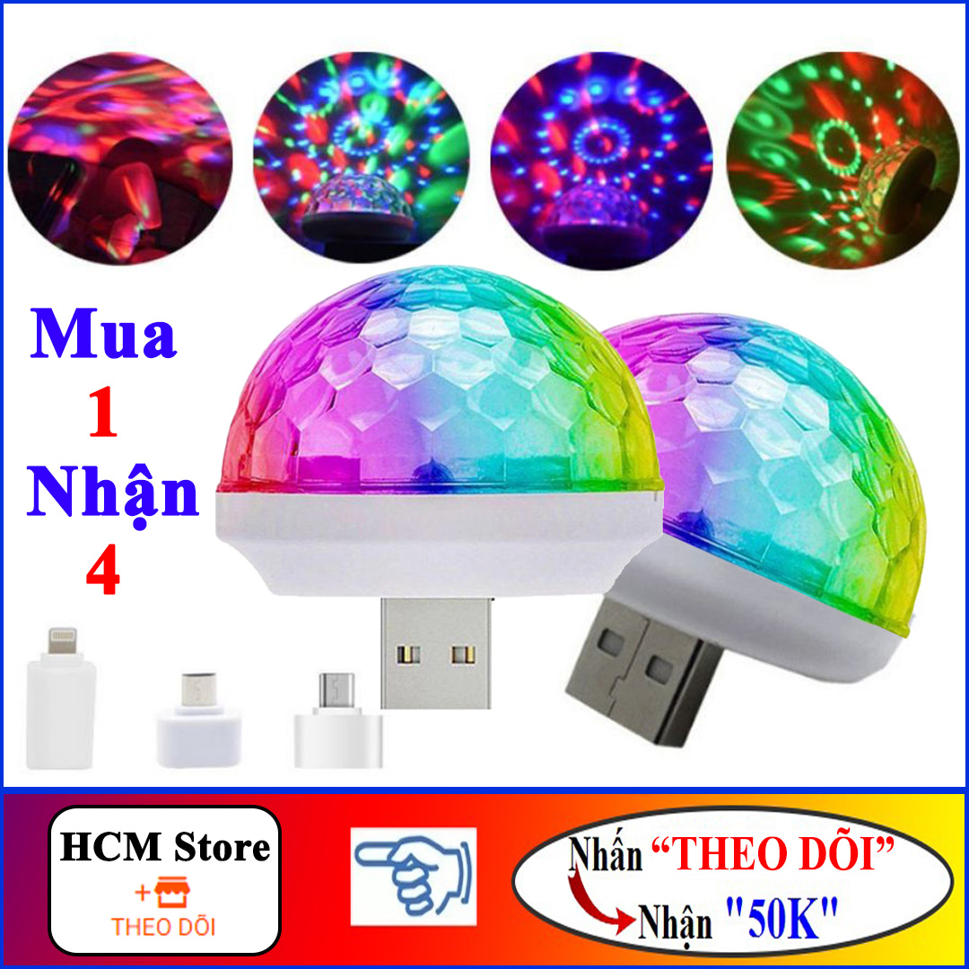 Đèn LED xoay nhiều màu cảm biến theo nhạc cổng USB + Kèm 3 bộ chuyển đổi Android + Type-C + Lightning(Apple)
