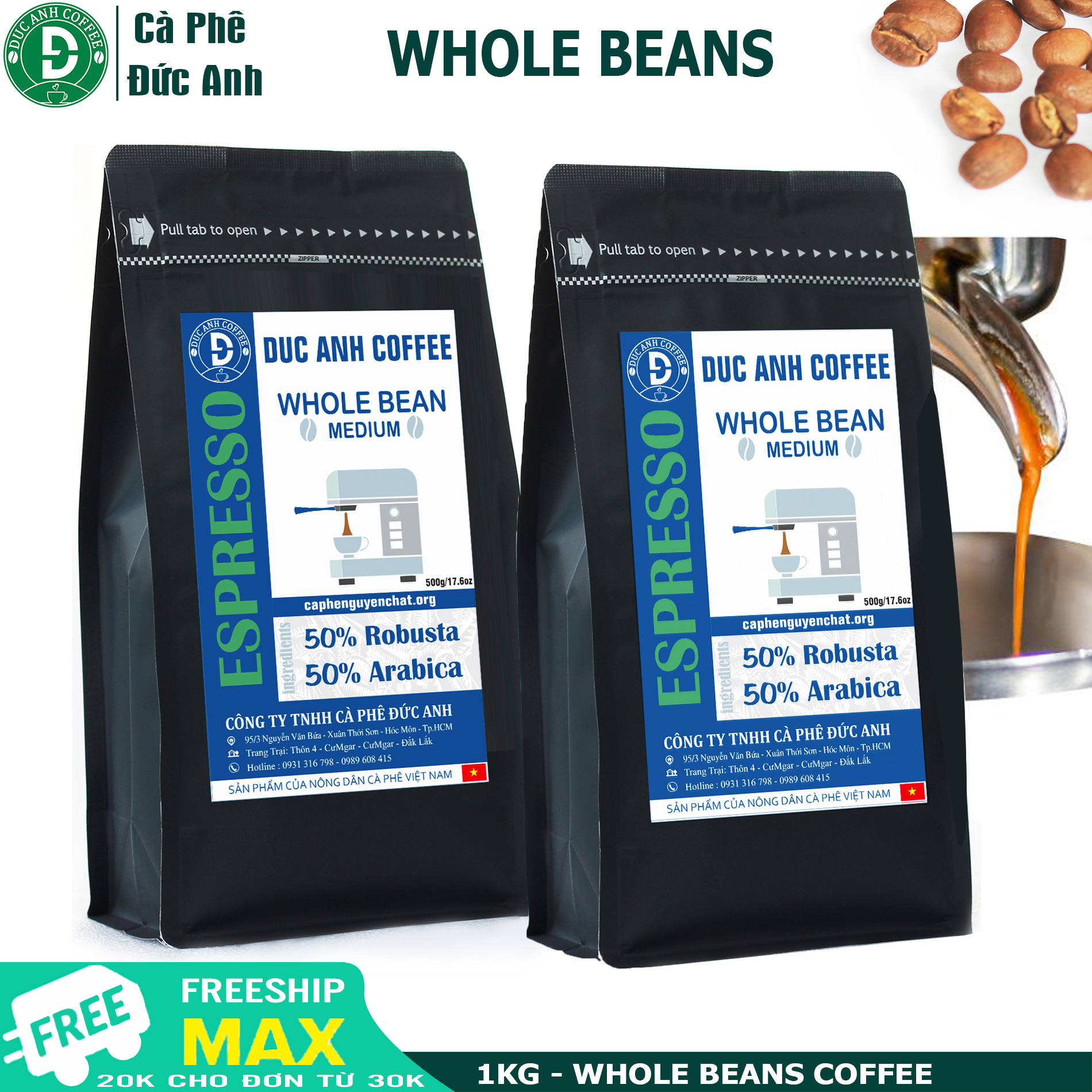 1kg special whole beans coffee with Espresso machine at the rate of 50% Robusta + 50% Arabica Whole grains - special limited edition - bold strong fragrant after sweet - DUC ANH COFFEE - CAFE DUC ANH