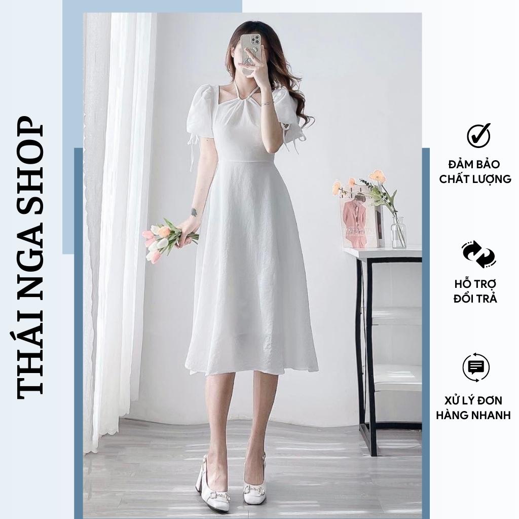 Đầm dự tiệc cổ yếm tay phồng cột nơ dáng dài vải xốp gao mặc đi tiệc, mặc đi chơi t0553