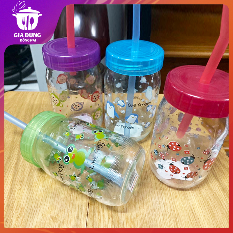 lọ, hũ, chai thủy tinh đựng sữa hạt, trà sữa có ống hút, chai lọ thủy tinh 500ml - 350ml Herevin đựng trà sữa, nước trái cây, hủ thủy tinh in hình dễ thương