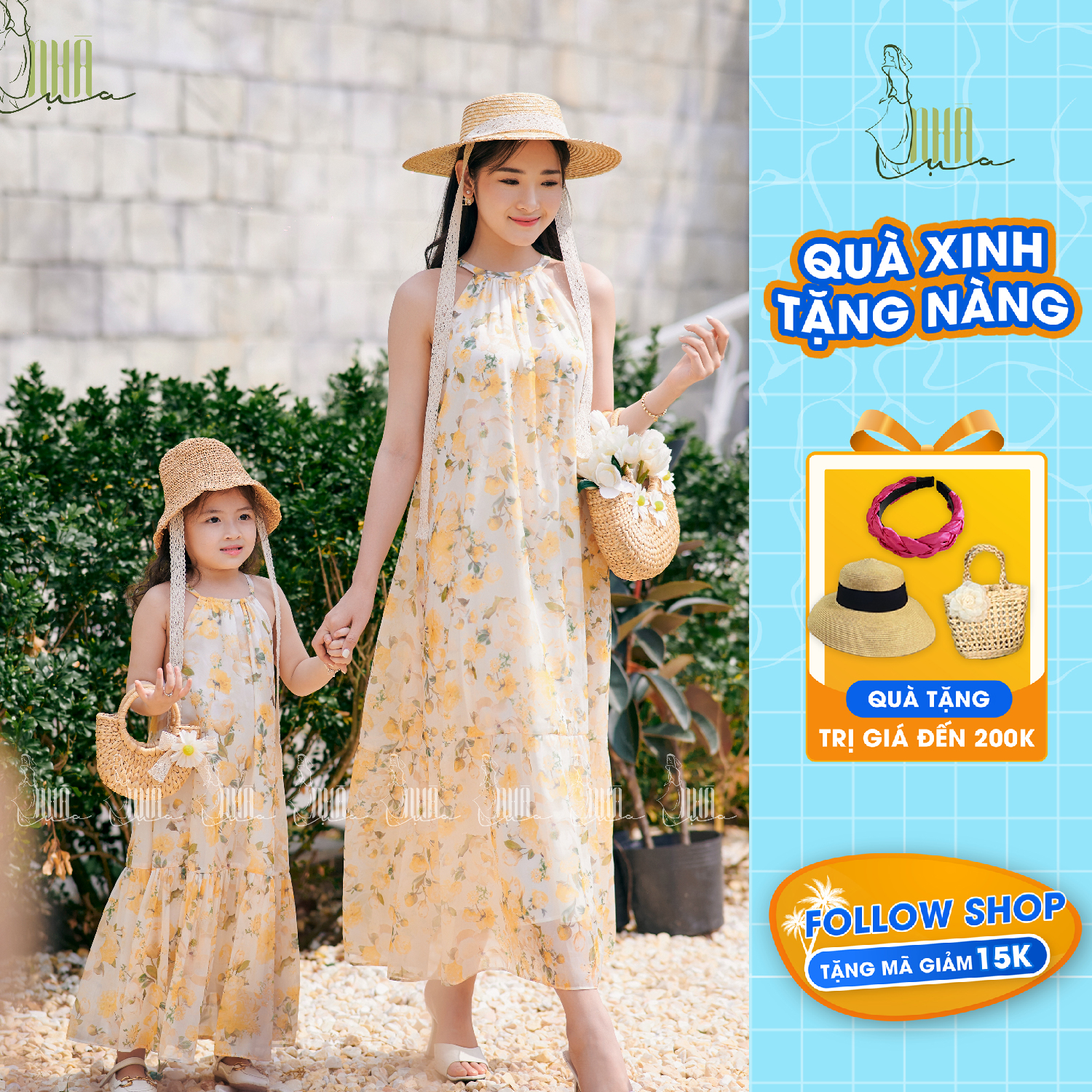 Váy maxi hoa đi biển Hạ Thảo mẹ và bé gái dáng suông - Váy suông maxi form rộng đồ đôi mẹ và bé ngắn tay CB02
