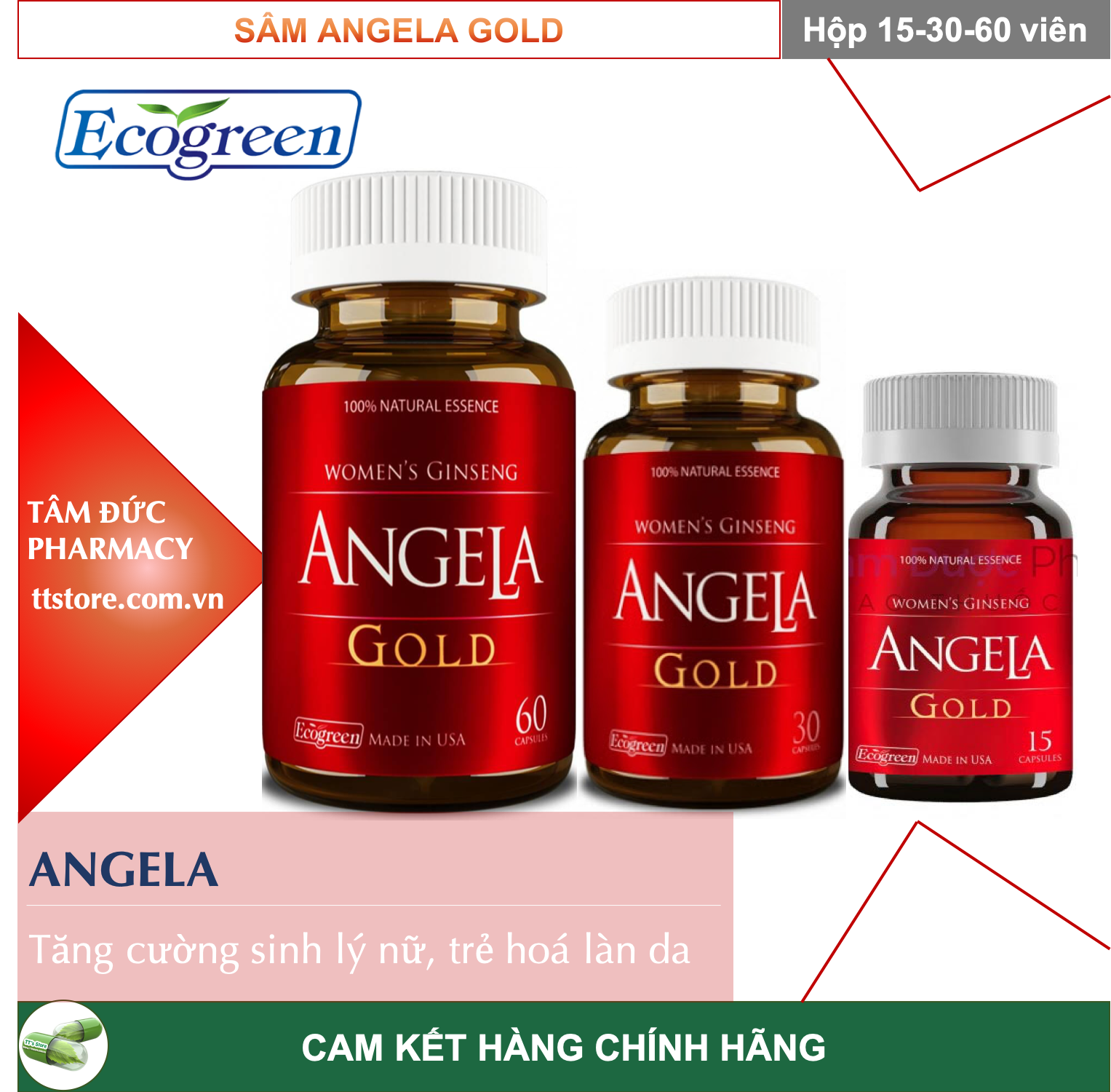 [HCM]Sâm ANGELA GOLD - ECO GREEN - Làm Đẹp Da - Tăng Nội Tiết Tố - Sức Khoẻ - Sắc Đẹp - Sinh Lý Nữ - Nguyên Tem Cào Chính Hãng
