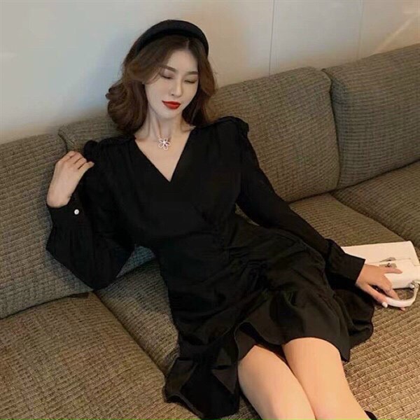 Đầm đuôi cá tay dài cổ v chéo ngực, nhún eo siêu xinh