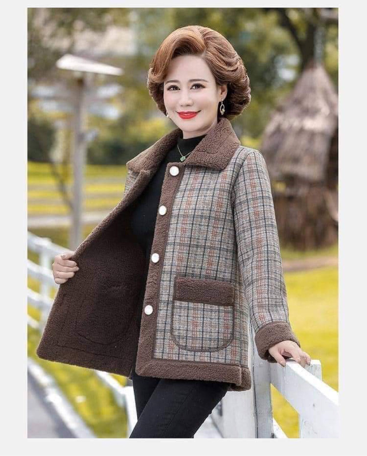 Áo khoác lót lông trung niên cho mẹ cho bà, lót lông ở tay