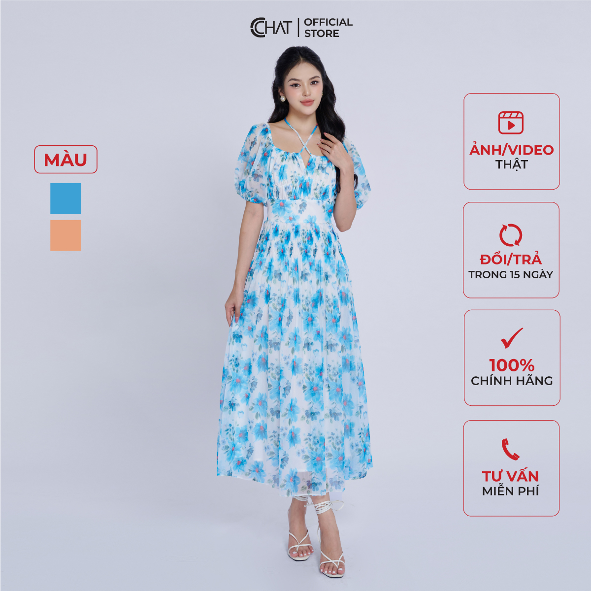 Đầm nữ cchat nhún tay bồng chun eo chất voan bay bổng 13vnv4005xt